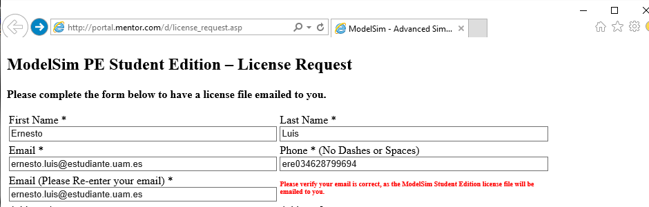 modelsim pe student edition license request form
